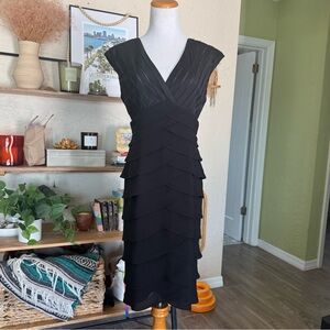 Adrianna Papell Black Tiered V-Neck Midi Dress